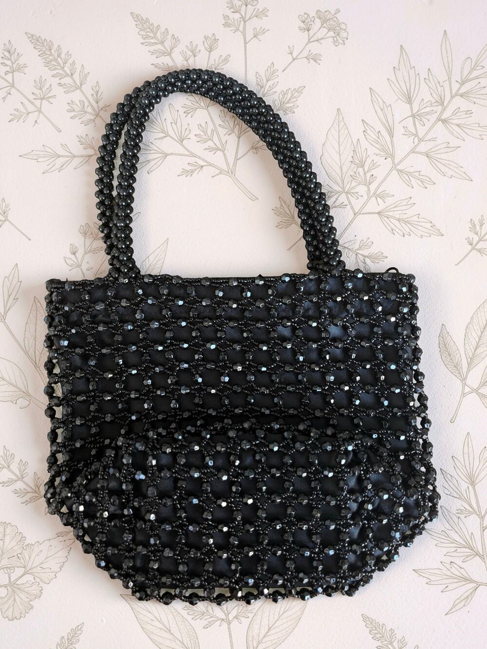 Vintage Black Beaded Evening Bag Purse 11.5” Top Handle Satin Lined